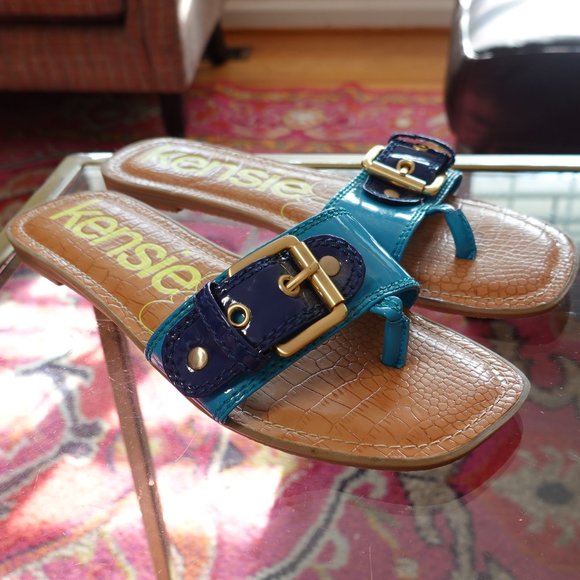 Kensie Girl Shoes - (NWT) Kensie Girl Turquoise & Navy Patent w/ Buckle Slip On Sandal Flats 8M